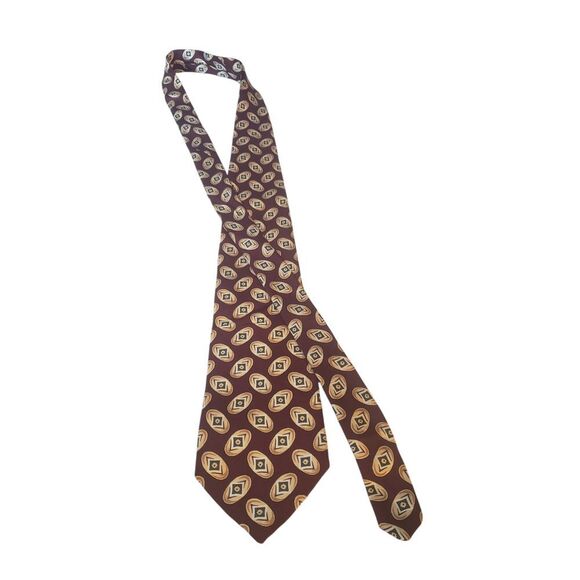 Brooks Brothers Makers Mens Tie Necktie Designer Luxury Burgundy Tan Geometric - Picture 3 of 10
